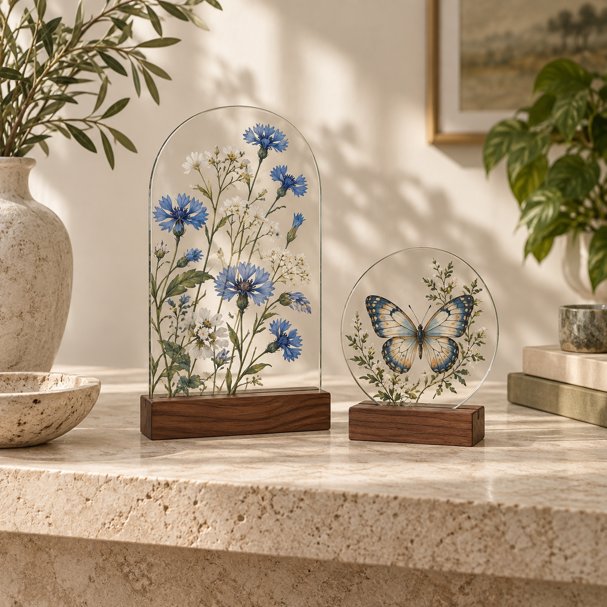 On a table or shelf — glass decor styling idea