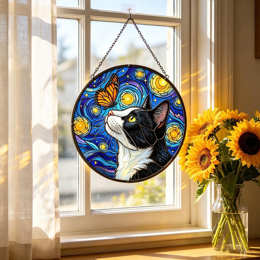 Starry Cat and Butterfly Glass Art