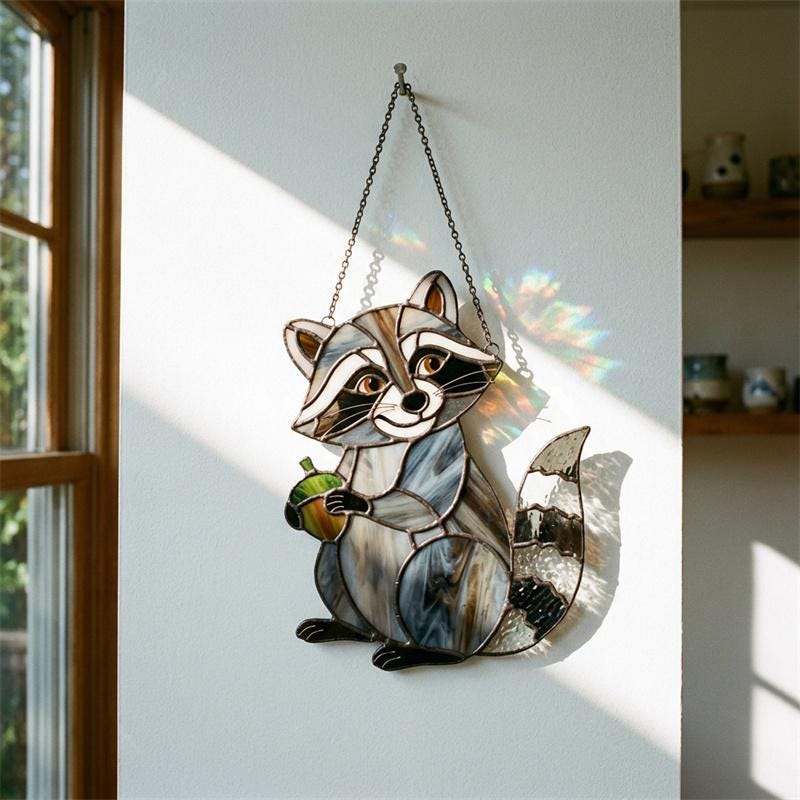 Rainbow Raccoon Glass Suncatcher