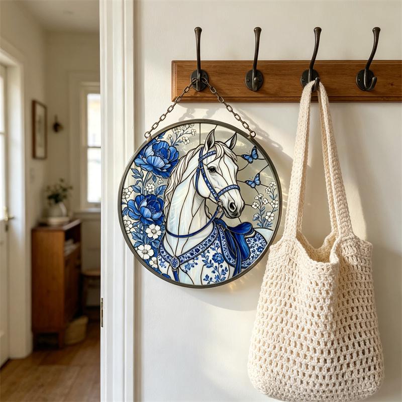Blue Floral Horse Glass Suncatcher