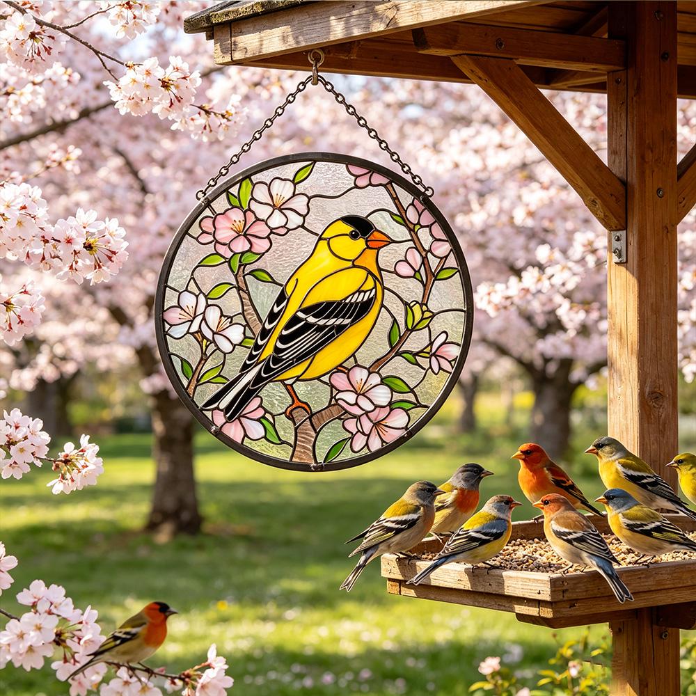 Goldfinch Cherry Blossom Glass Suncatcher