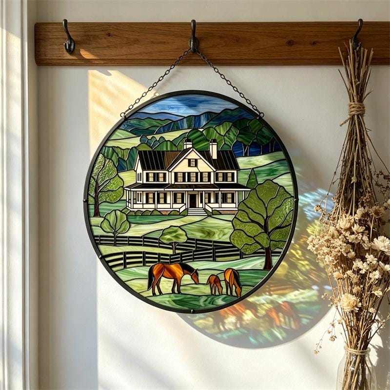 Farmhouse and Horses Glass Panel