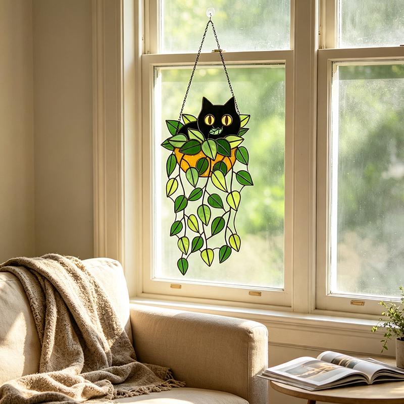 Black Cat Trailing Leaves Glass Suncatcher
