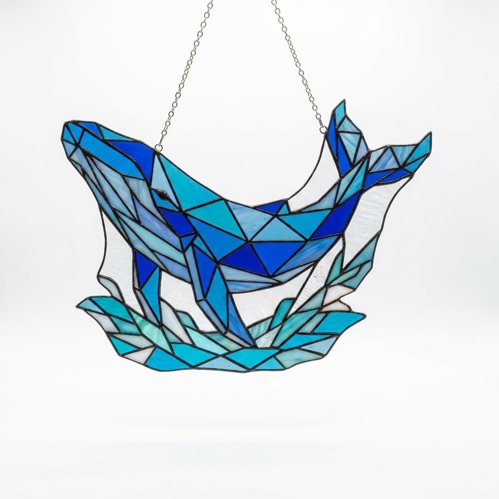 Geometric Whale and Waves Glass Decor