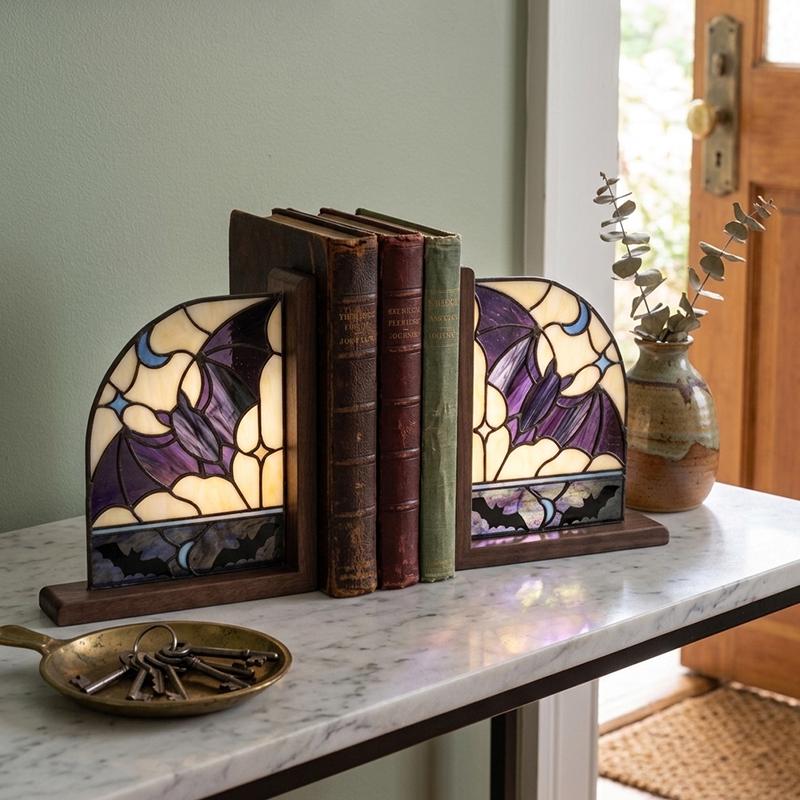 Bat and Crescent Moon Glass Bookends