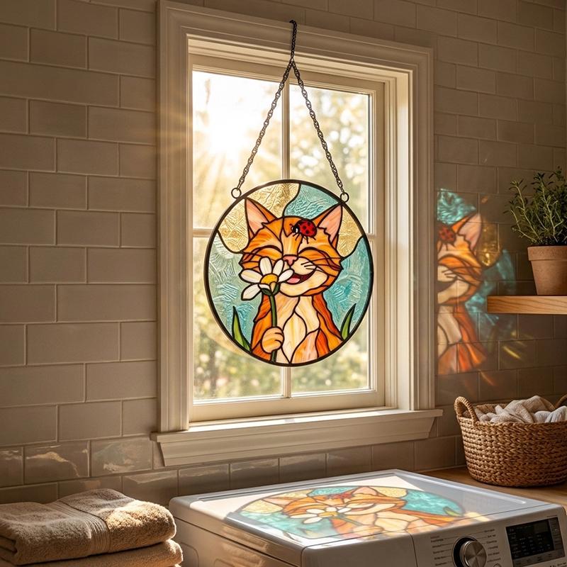 Orange Cat Daisy Glass Suncatcher