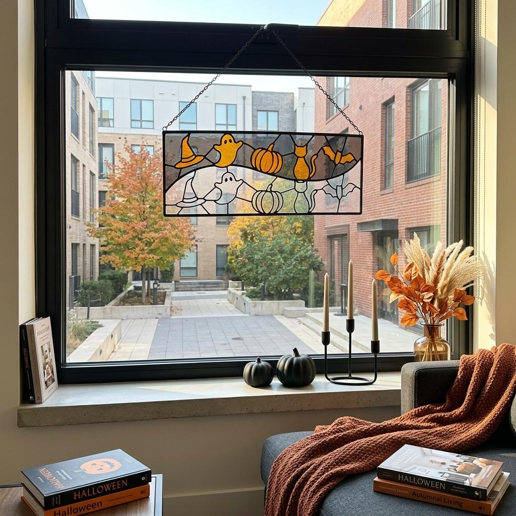 Ghost and Pumpkin Halloween Glass Panel