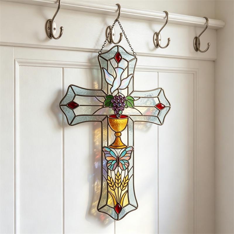 Butterfly and Grape Cross Glass Art