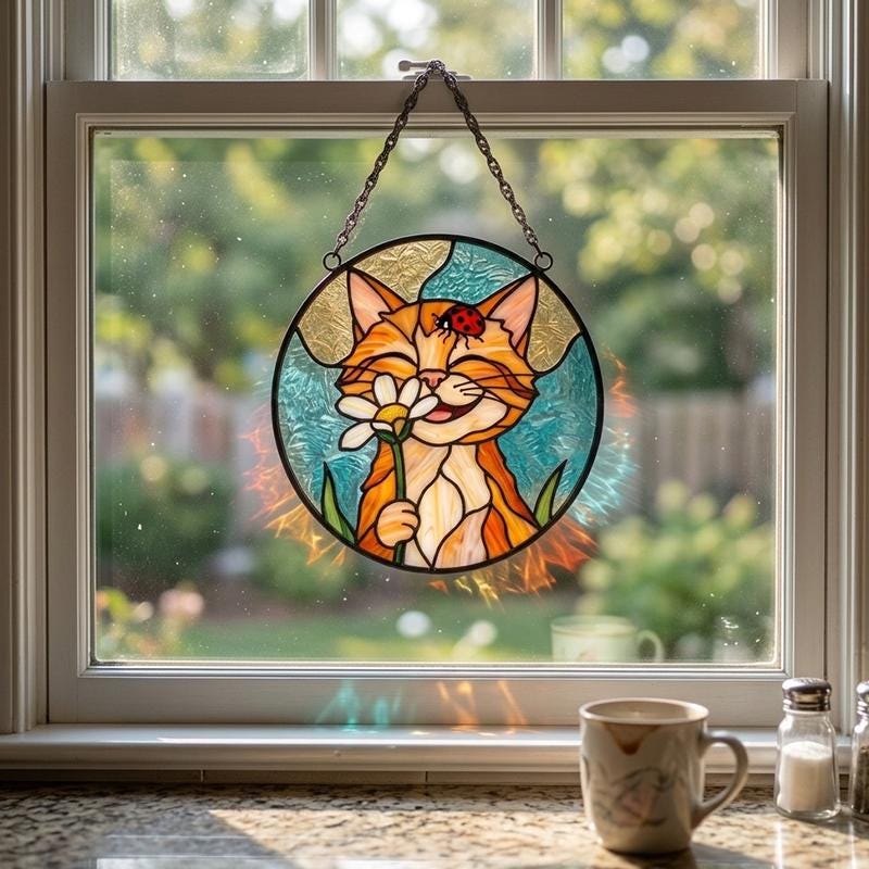 Orange Cat Daisy Glass Suncatcher