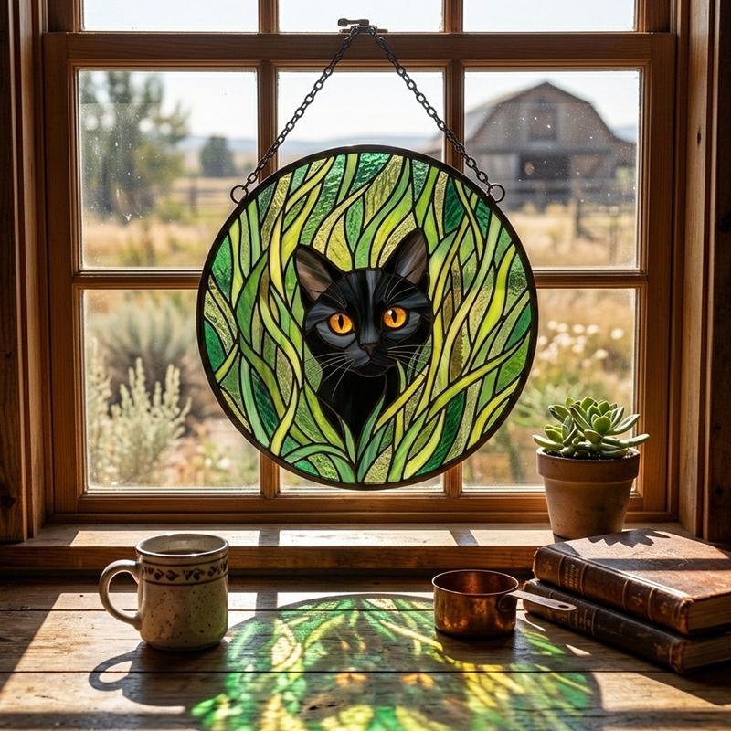 Black Cat Botanical Glass Suncatcher