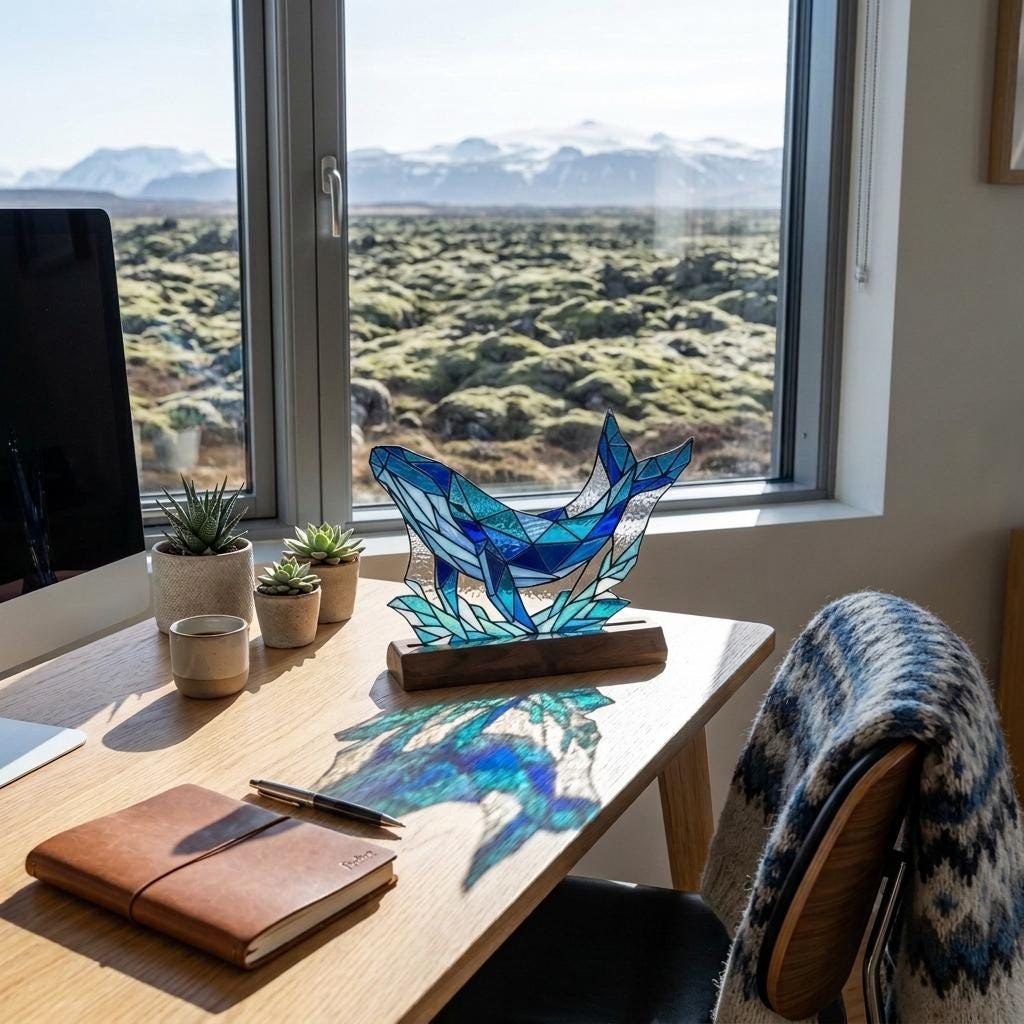 Geometric Whale and Waves Glass Decor
