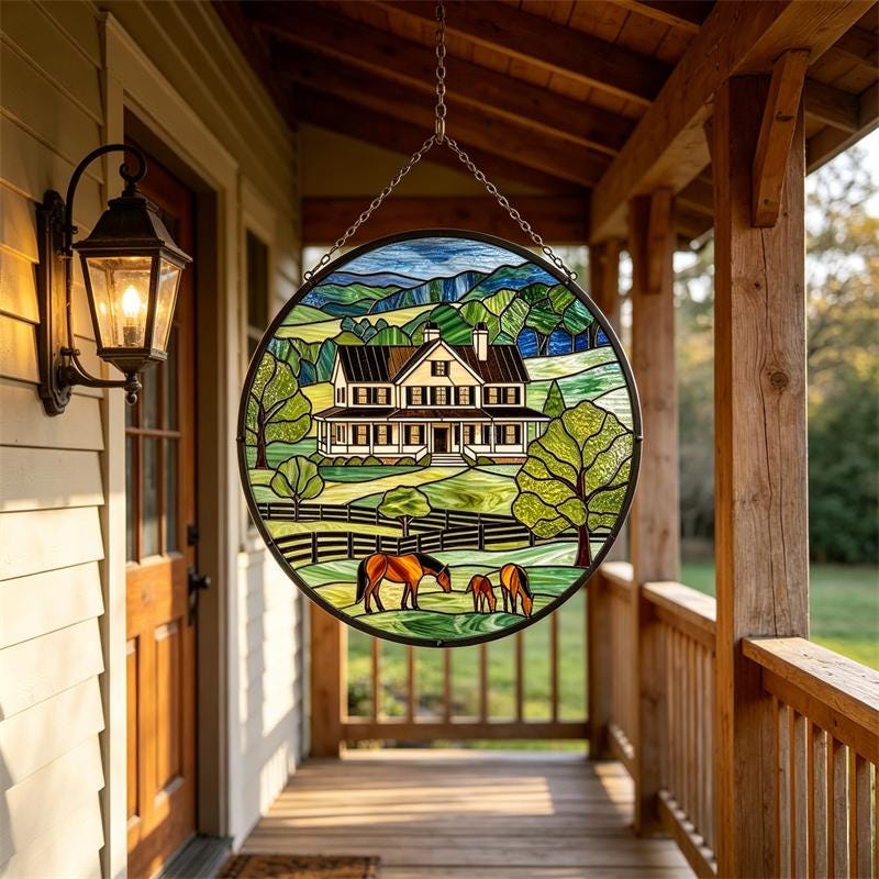 Farmhouse and Horses Glass Panel