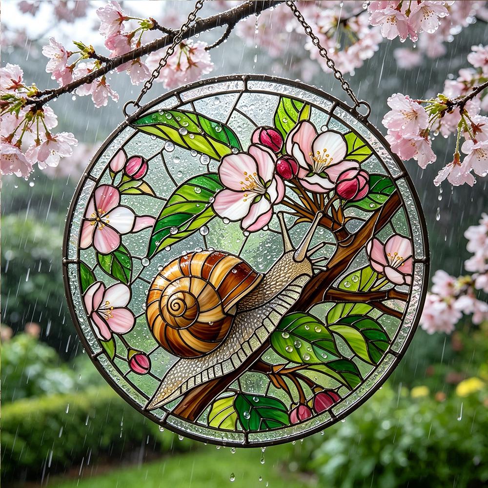 Snail Cherry Blossom Glass Suncatcher