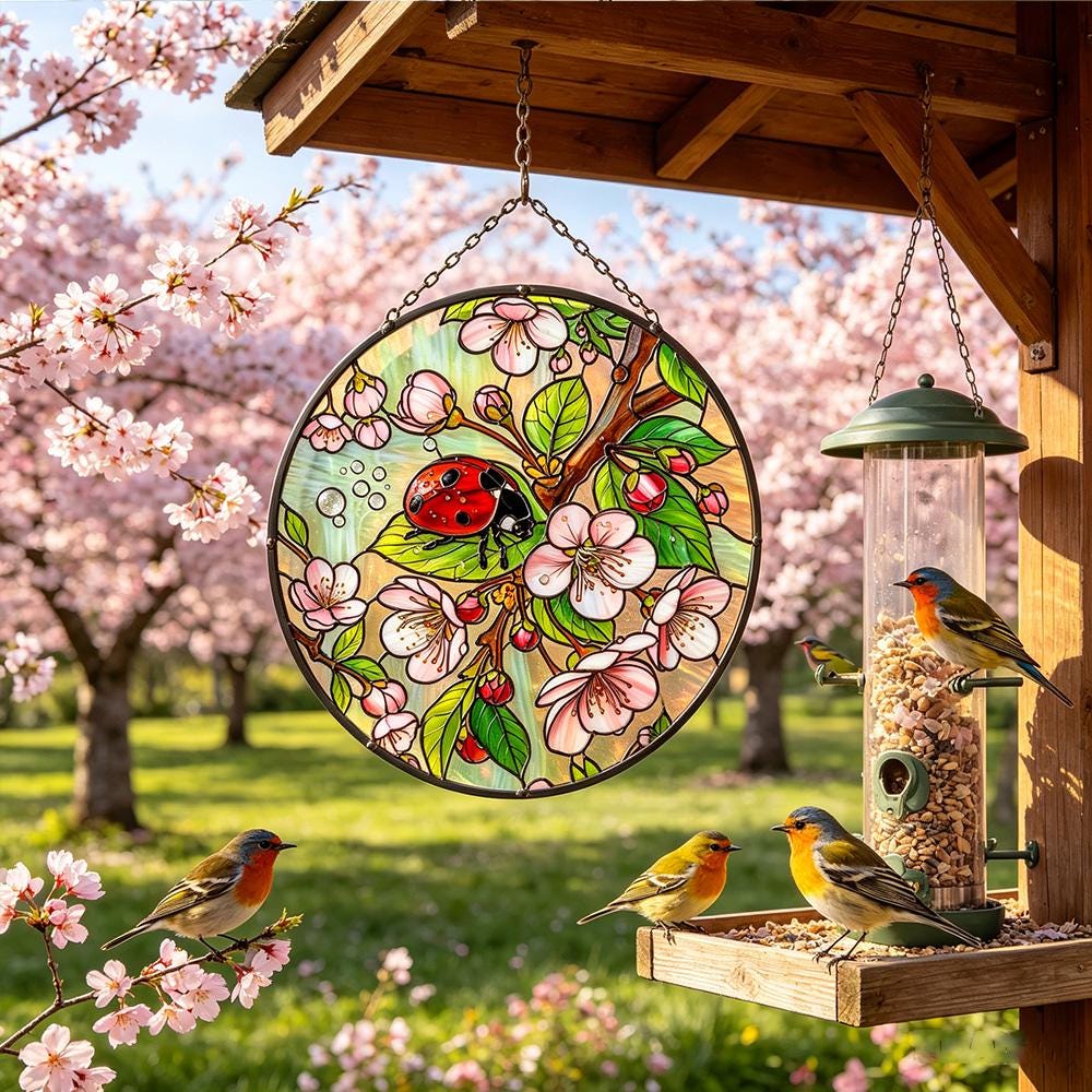 Ladybug Cherry Blossom Glass Suncatcher