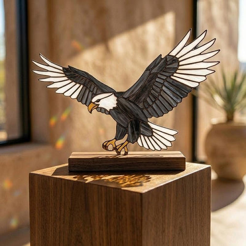 Bald Eagle Glass Decor with Walnut Base