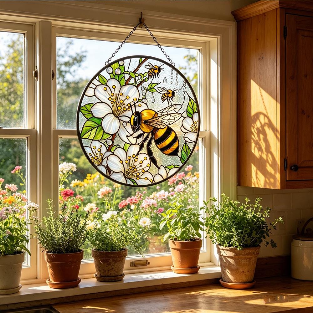 Floral Bee Glass Suncatcher