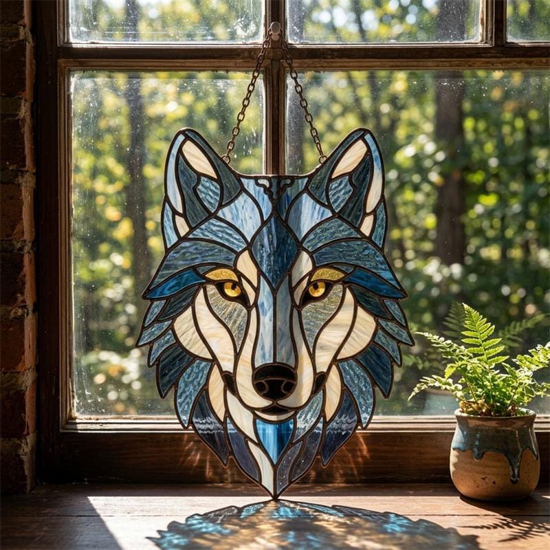Blue and Amber Wolf Glass Suncatcher