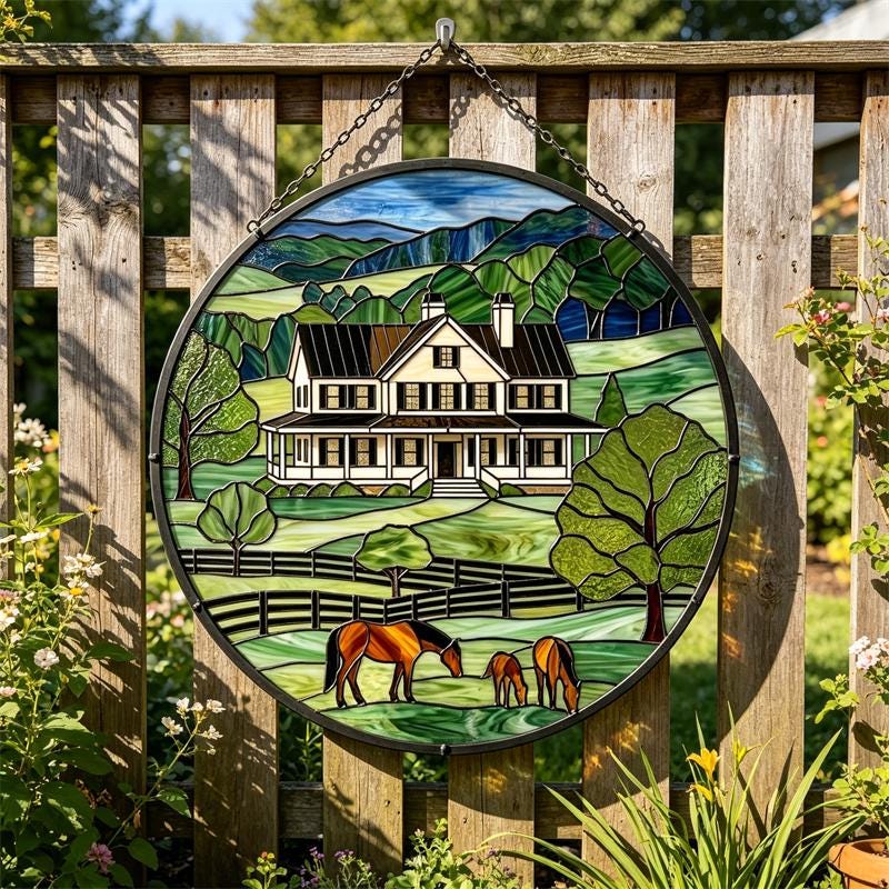 Farmhouse and Horses Glass Panel