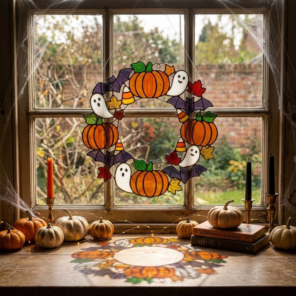 Ghost and Pumpkin Wreath Glass Suncatcher