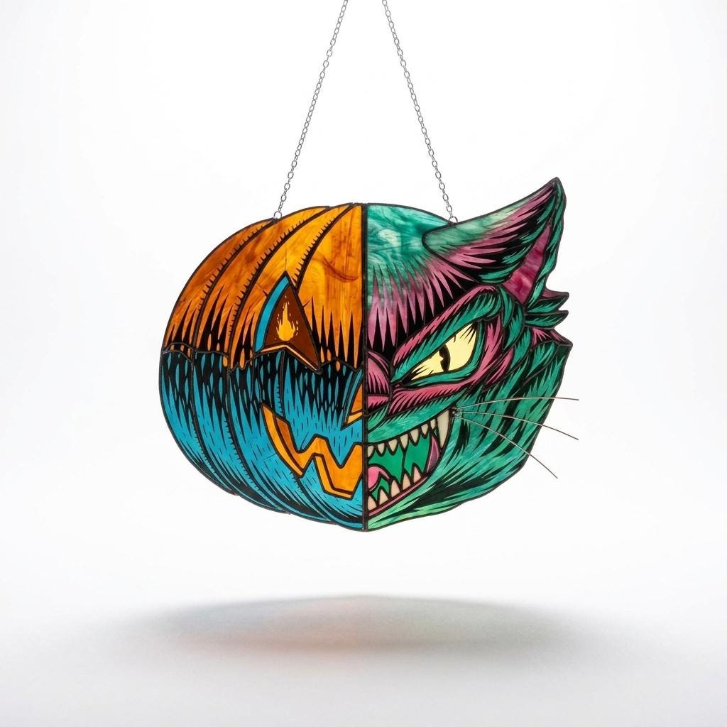 Split-Face Pumpkin Cat Glass Suncatcher