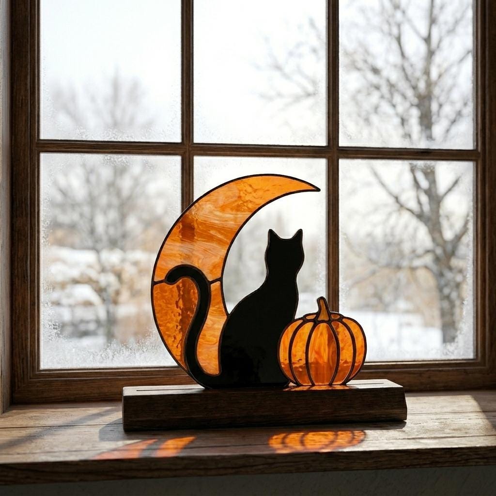 Black Cat Moon and Pumpkin Glass Decor