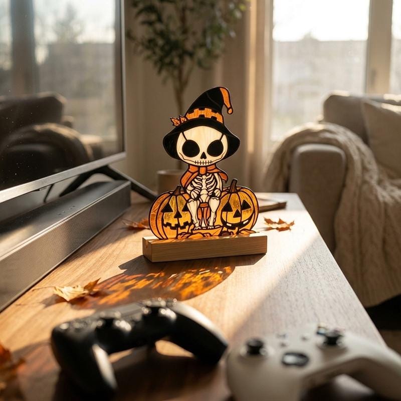 Skeleton Pumpkin Glass Decor