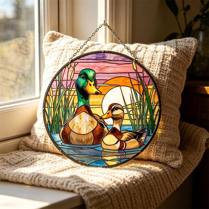 Sunset Duck Couple Glass Wall Hanging
