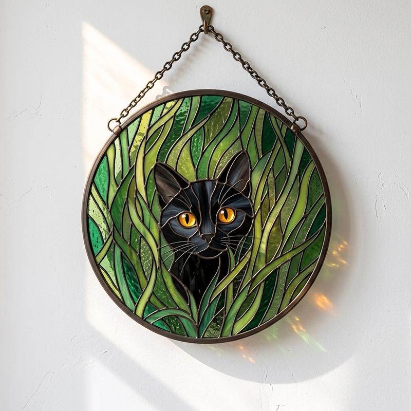 Black Cat Botanical Glass Suncatcher