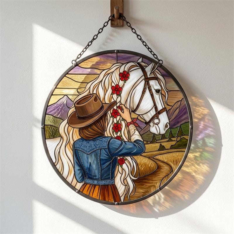 Western Cowgirl and Horse Glass Suncatcher