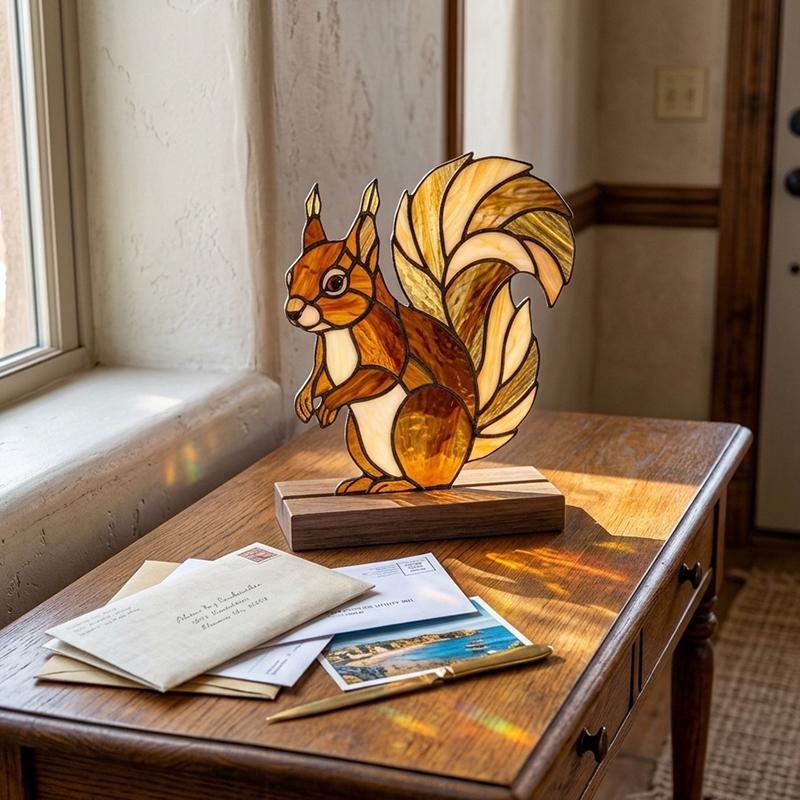 Squirrel Glass Decor with Walnut Base
