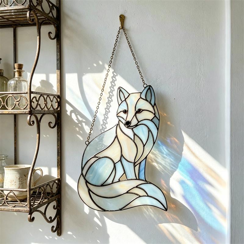 Blue and White Fox Glass Suncatcher