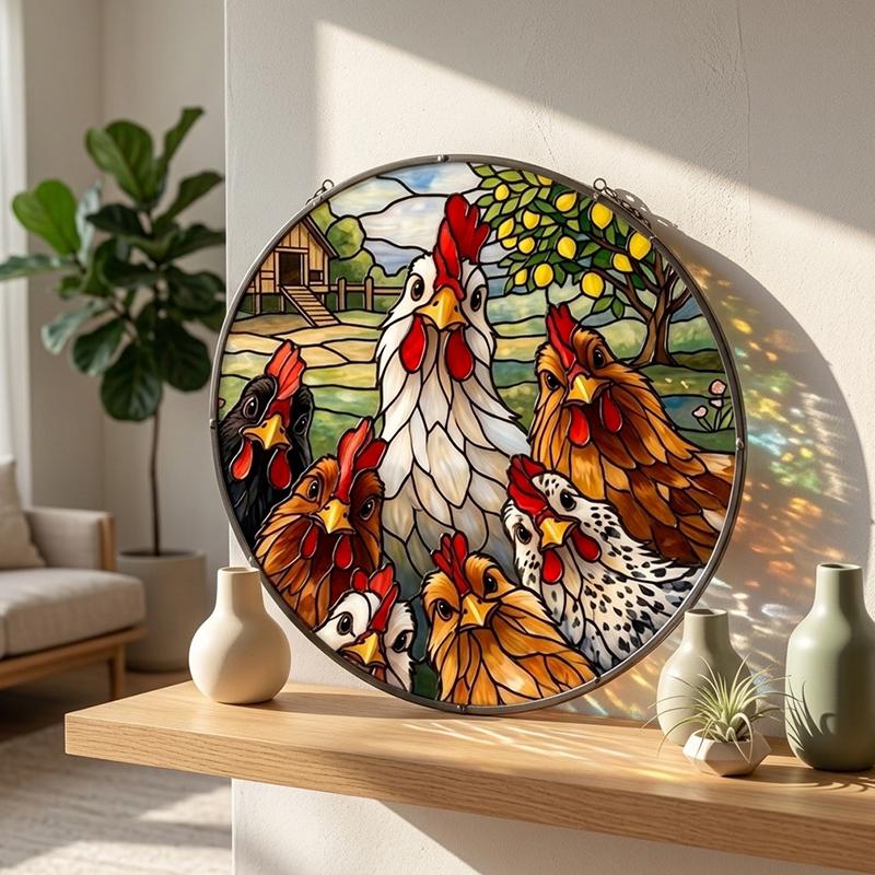 Chicken Family Glass Suncatcher