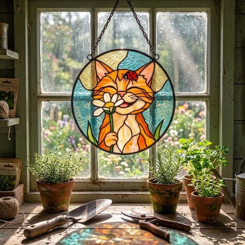 Orange Cat Daisy Glass Suncatcher