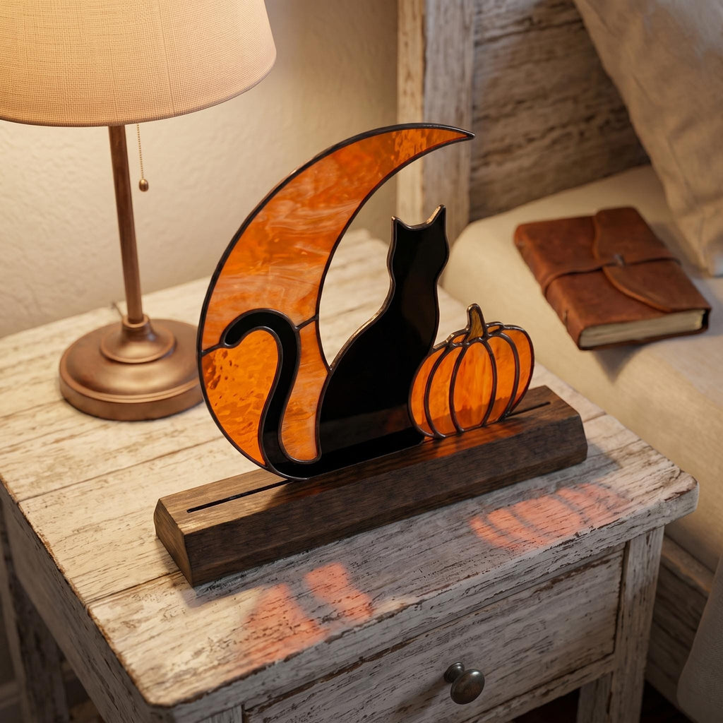 Black Cat Moon and Pumpkin Glass Decor