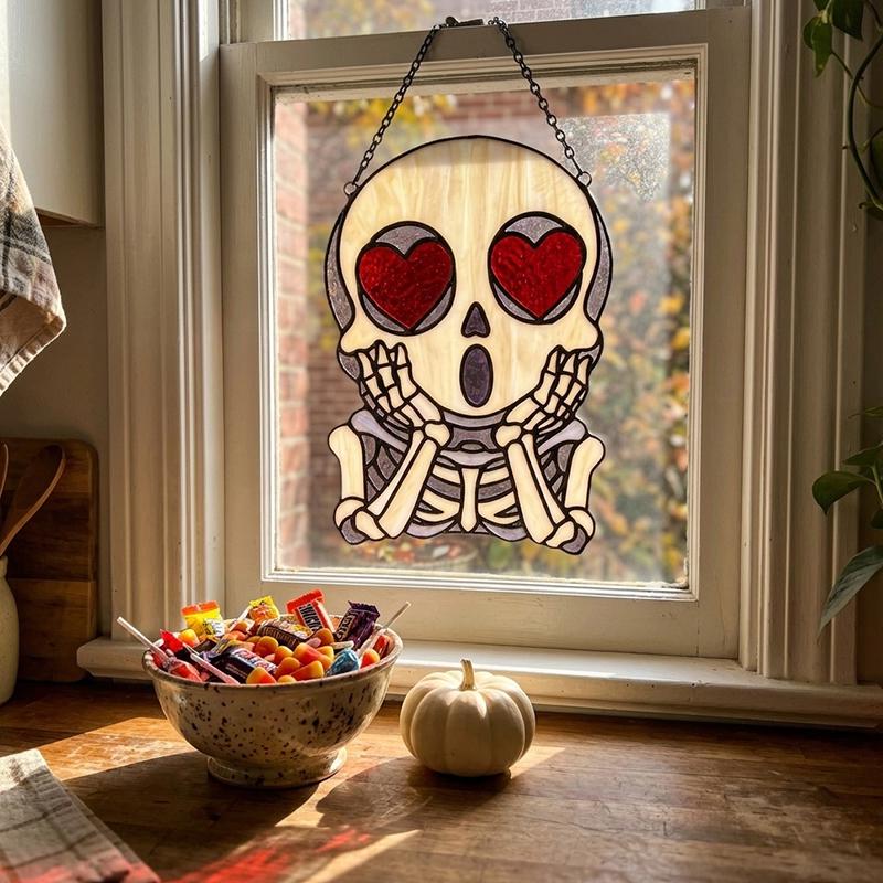 Heart-Eyed Skeleton Glass Suncatcher