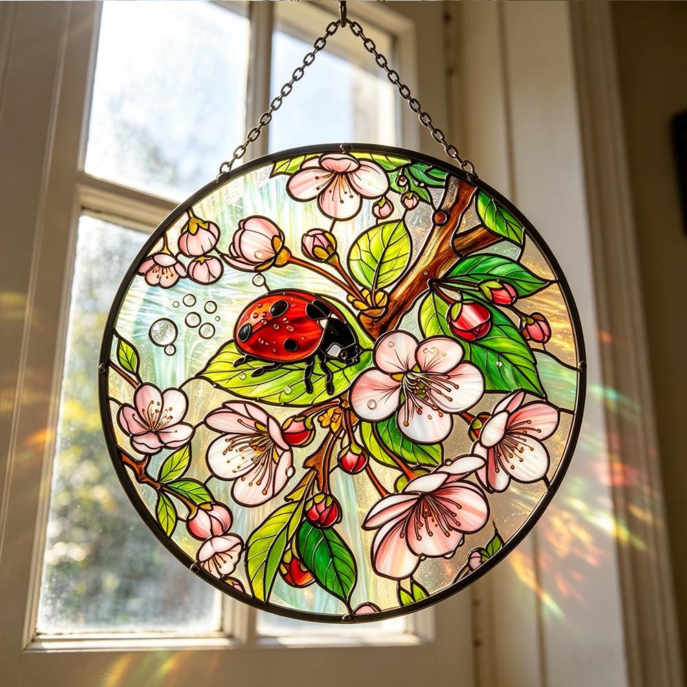 Ladybug Cherry Blossom Glass Suncatcher