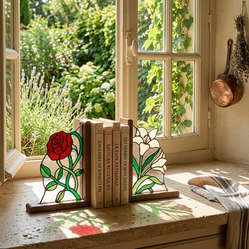 Rose and White Flower Glass Bookends