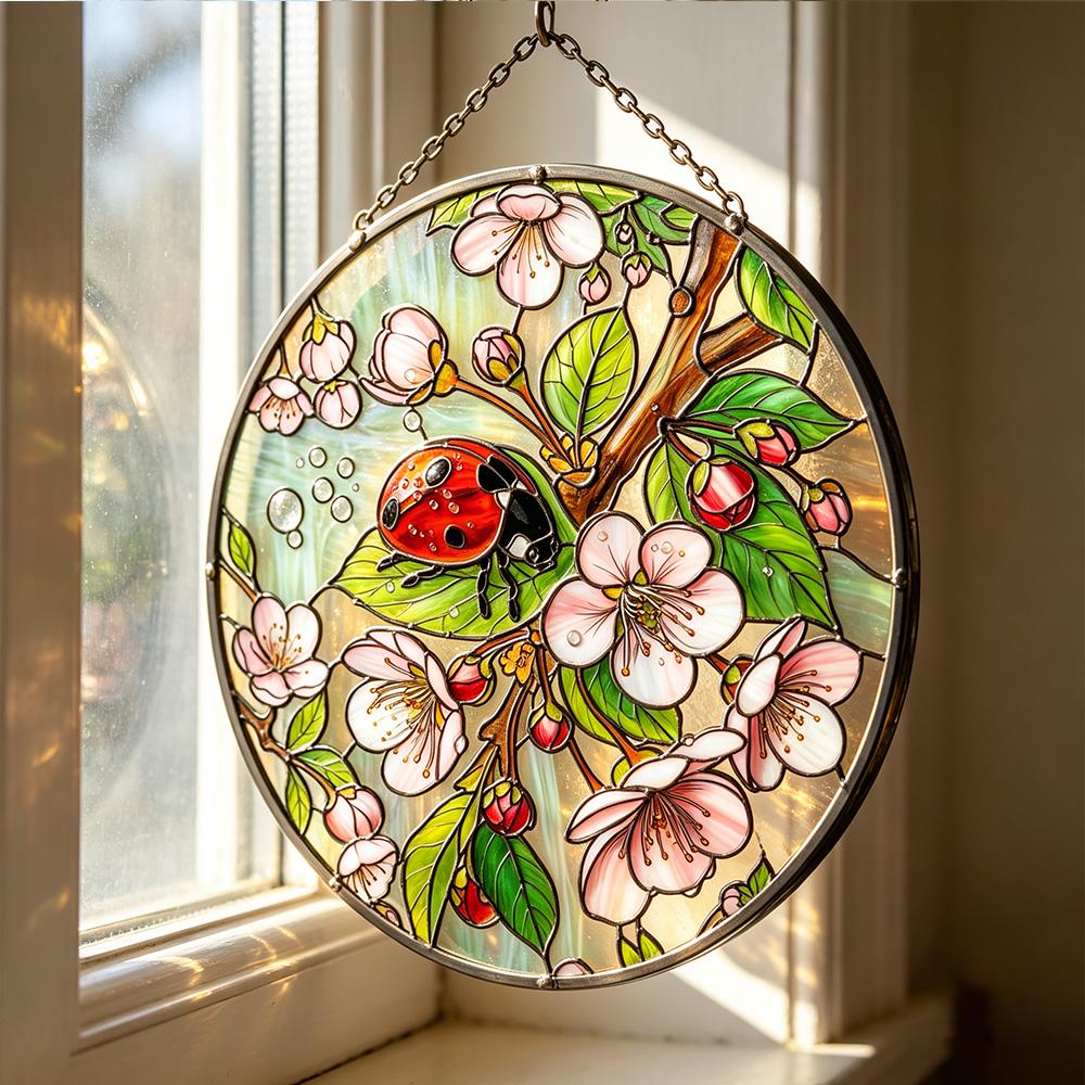 Ladybug Cherry Blossom Glass Suncatcher