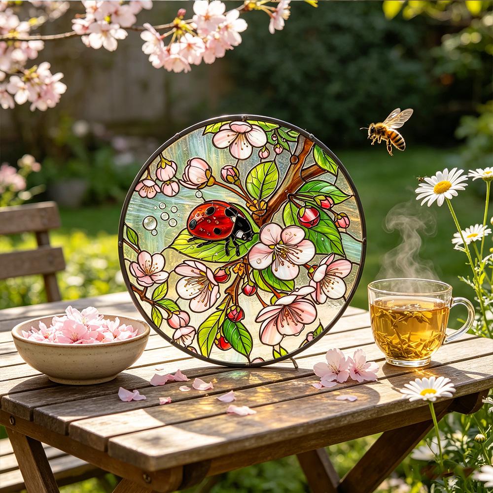 Ladybug Cherry Blossom Glass Suncatcher