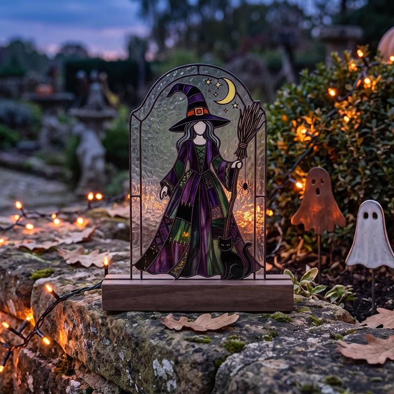 Witch and Black Cat Glass Decor