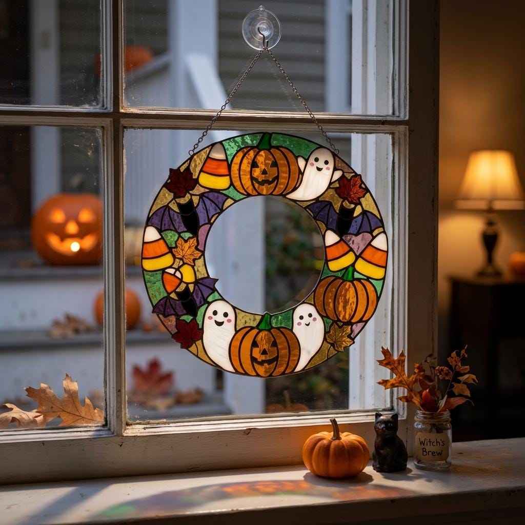 Pumpkin Party Wreath Glass Suncatcher
