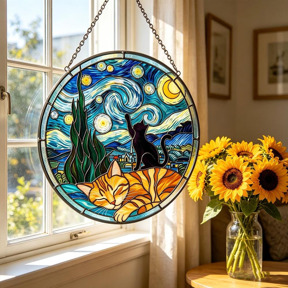 Starry Night Cats Glass Art
