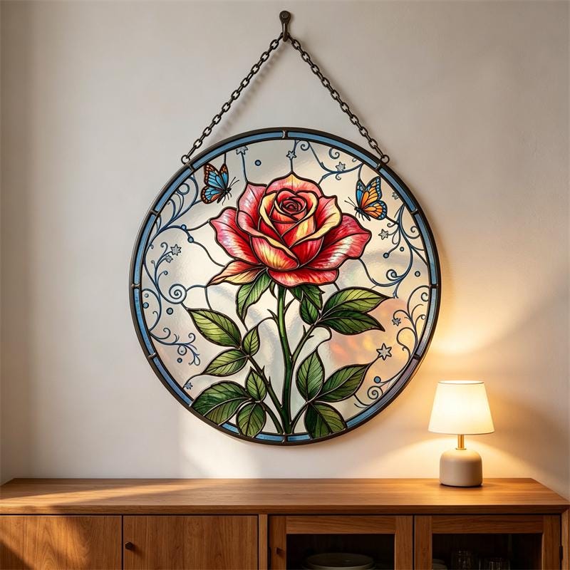 Rose and Butterfly Glass Wall Hanging
