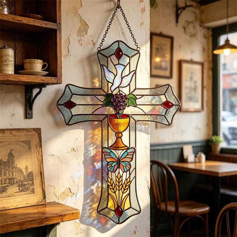 Butterfly and Grape Cross Glass Art
