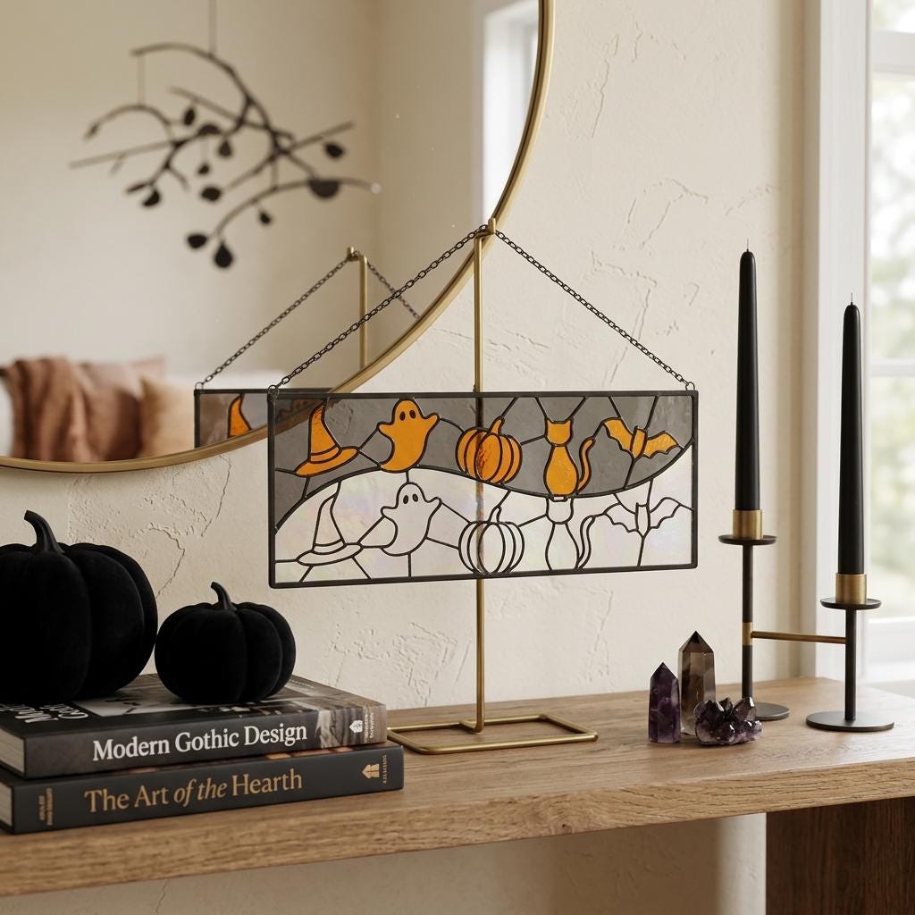 Ghost and Pumpkin Halloween Glass Panel