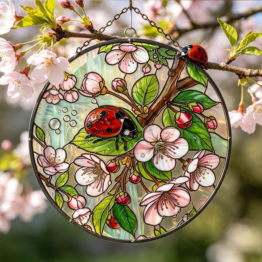 Ladybug Cherry Blossom Glass Suncatcher