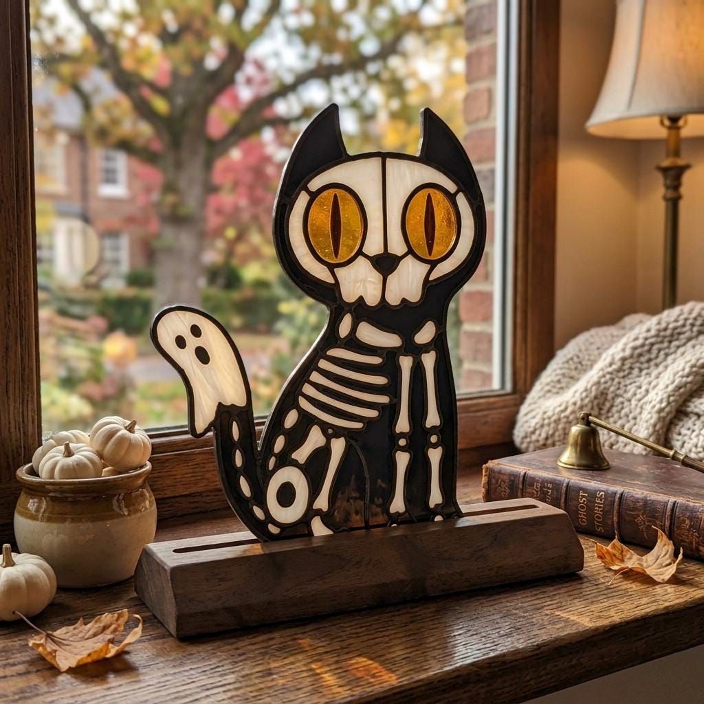 Skeleton Cat Glass Decor