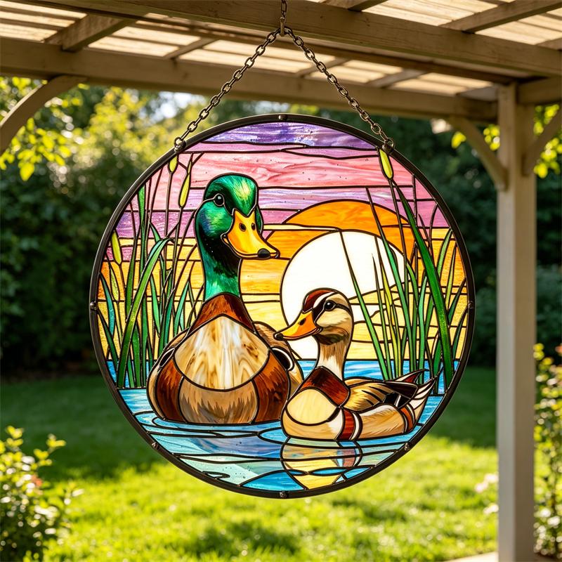 Sunset Duck Couple Glass Wall Hanging
