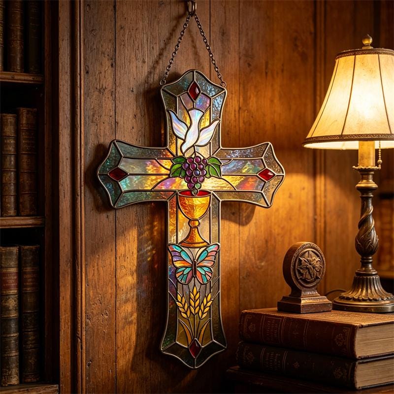 Butterfly and Grape Cross Glass Art