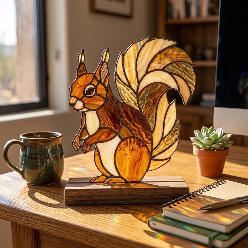 Squirrel Glass Decor with Walnut Base